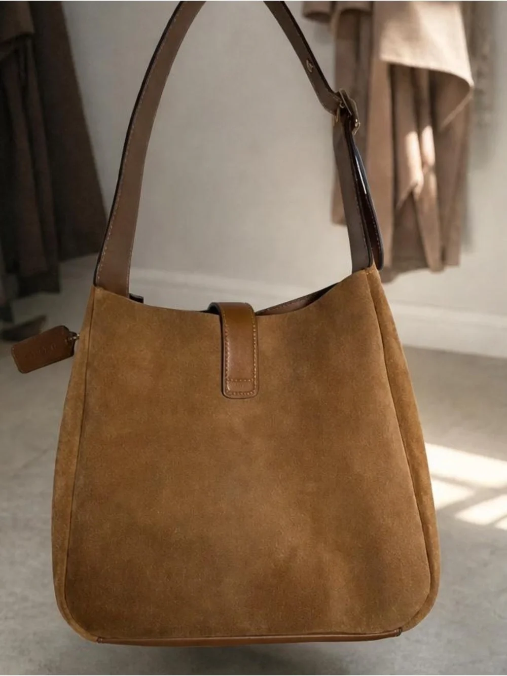 Coach Suede Hobo Shoulder Bag in Tan and Brown